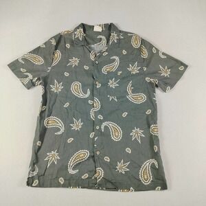 Cotton On Shirt Mens Medium Gray Hemp Blend Paisley Leaf Button Up Short Sleeve‎